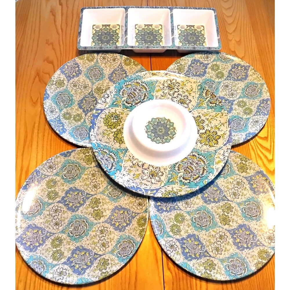 Vintage Waverly India Inked Melamine Service Set Of 4 11" D Plates, 2 Servers